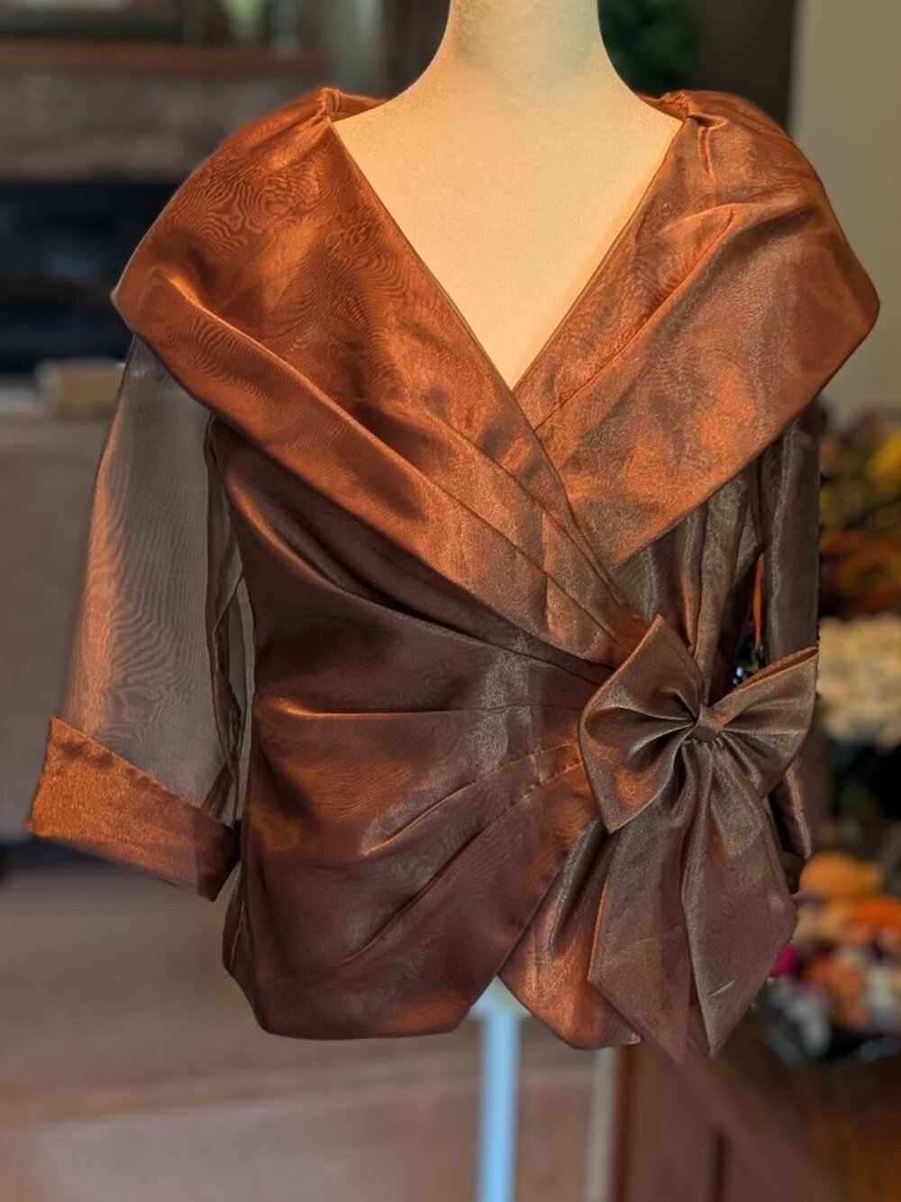 Vintage Victor Costa Top Blouse Womens Sz 8 Bronze Faux Wrap Bow Evening Wear